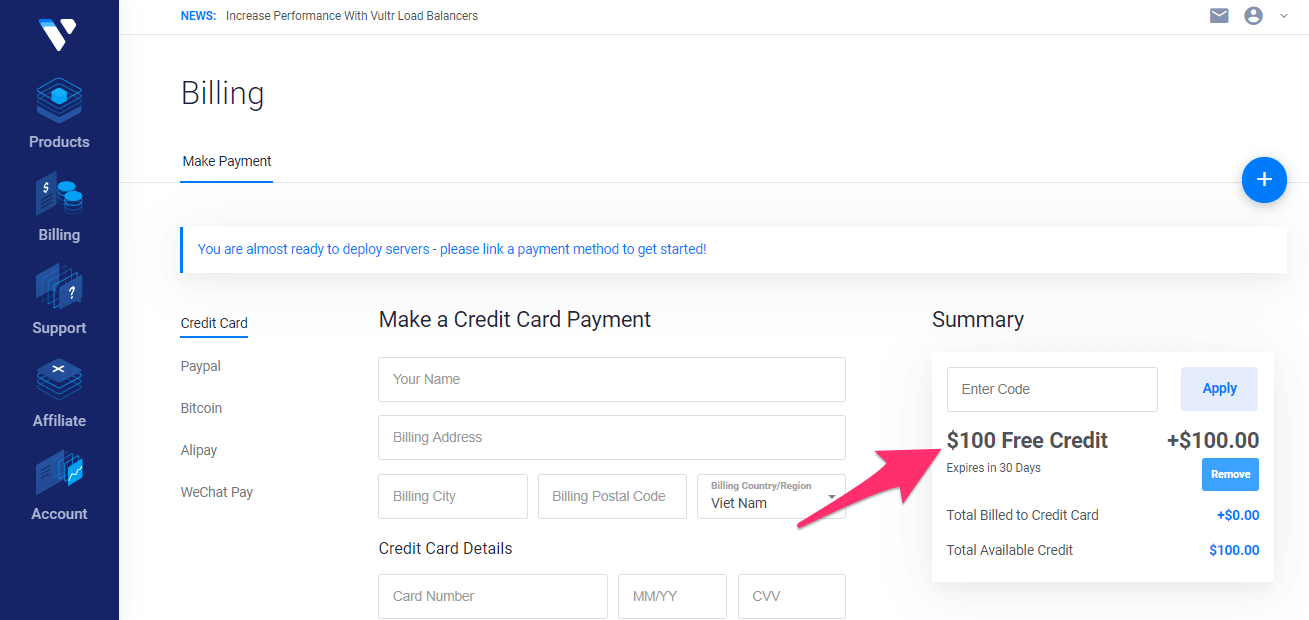 Vultr free $100 credit