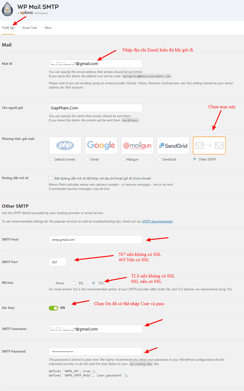 thiết lập smtp của gmail