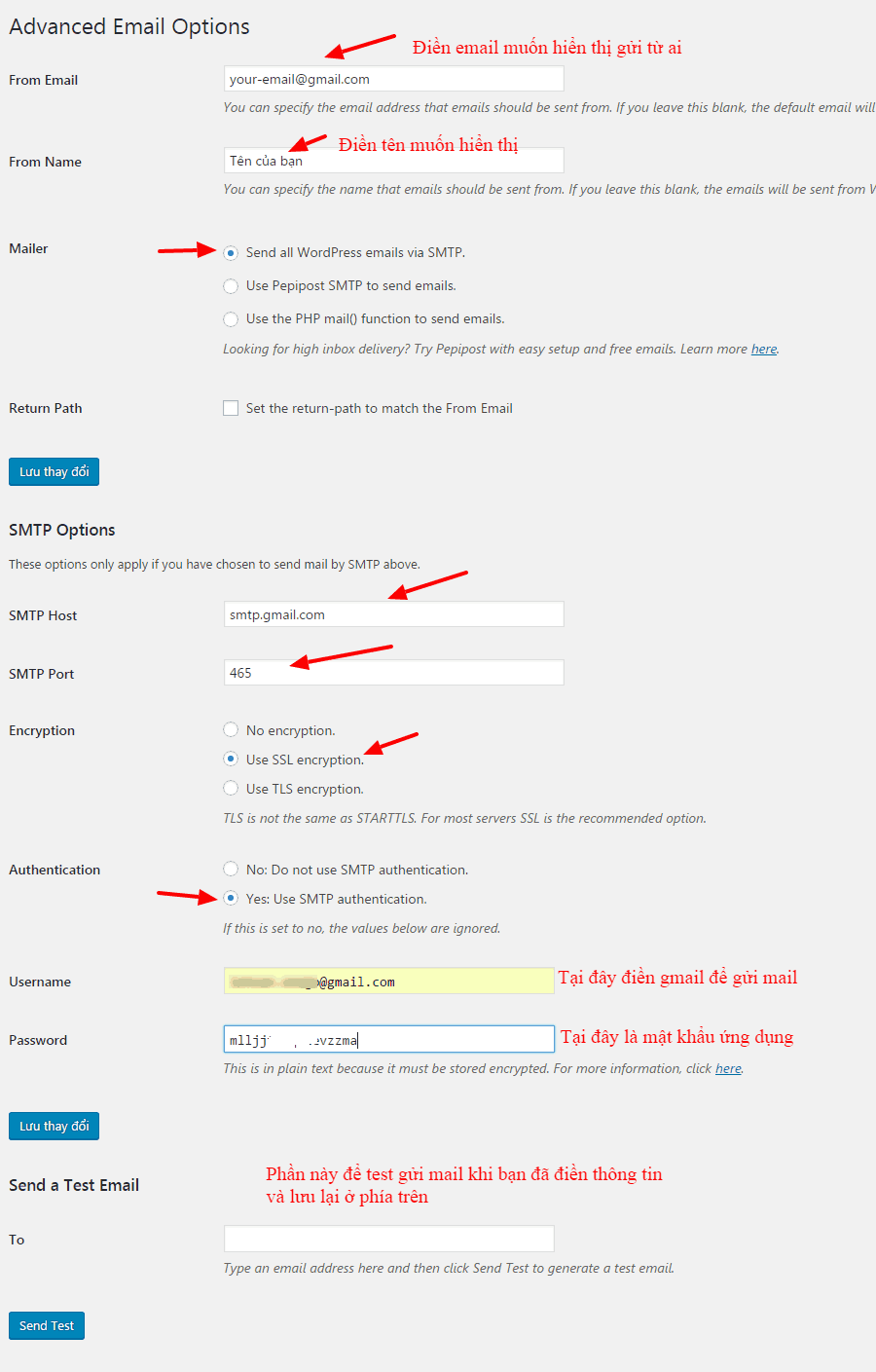 thiết lập smtp cho worpdress