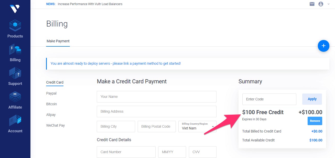 Free 100$ Vultr cho tài khoản mới
